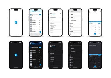 Skype 'dan. İnternetteki konferans. Skype modeli. Sosyal medyayı taklit et. Sosyal ağlar arayüzü şablon uygulama ekranı. Sosyal medya ekranı. Sosyal ağlar arayüzü. Skype çağrıları.