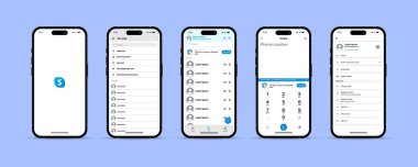 Skype 'dan. Skype görüşmeleri. İnternetteki konferans. Sosyal medyayı taklit et. Sosyal ağlar arayüzü. Sosyal medya ekranı. Sosyal ağlar arayüzü şablon uygulama ekranı. Skype modeli.