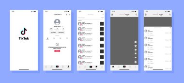 Tiktok modeli. Tik Tok sosyal ağı. Sosyal ağlar. Sosyal ağ arayüzü şablon uygulama ekranı. Sosyal medya tiktok 'unu taklit et. Tiktok uygulama modeli. Sosyal medya arayüzü şablonu.