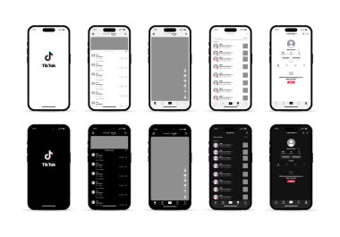Sosyal ağ TikTok. Uygulama modeli. Tiktok yerleşimi. iPhone 'da sosyal medya. Tiktok uygulamalı iPhone modeli. Ekran uygulamasını ayarla. uygulama arayüzü.