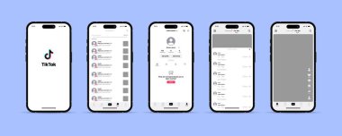 TikTok uygulaması mockup.Tiktok. TikTok uygulaması, tavsiyeler, uygulama arayüzü, profil. Model sosyal ağ uygulaması. Sosyal ağ arayüzü şablon uygulama ekranı.