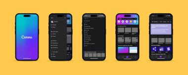 Kanva modeli. Canva sosyal medya paylaşımı. İphone akıllı telefonunda sosyal ağ arayüzü şablon uygulama ekranı. Kanva fotoğraf çerçevesi. Yeni Canva modeli.