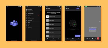 Microsoft takımları. Microsoft takım mobil uygulaması. şablon arayüzü. Model sayfa şablonu. Microsoft takımının sosyal ağlar ve sosyal medya şablonlarını ayarla.