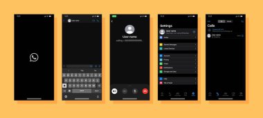 Viber modeli. Popüler kurye. Viber ekran sosyal medya ve sosyal ağ arayüz şablonunu ayarla. Profil, sohbet listesi, online aramalar. Viber fotoğraf çerçevesi.