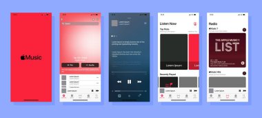 Elma müziği. Yayın servisi. Apple Müzik Uygulamasında çevrimiçi müzik dinle. Müzik ve çevrimiçi podcast dinlemek için uygulama kullanıcı arayüzü. Müzik dinlemek için uygulama