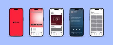 Apple müzik uygulamasında çevrimiçi müzik dinle. İnternette müzik ve podcast dinlemek için mobil uygulama. Mobil uygulama için stil kullanıcı arayüzü düzeni.