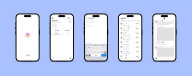Sosyal Ağ İplikleri. iPhone uygulaması modeli. Tartışmalar Kullanıcı Arayüzü Ekran Ayarları. Popüler sosyal medya. İplik içeriği gönder. modern kullanıcı arayüzü. Meta tarafından yeni sosyal ağ.