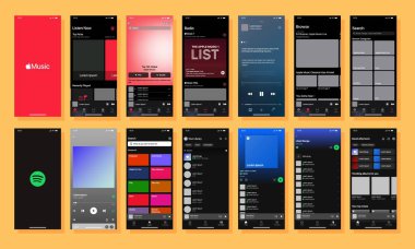 Apple müzik ve Spotify seti. Yayın servisi. Apple Müzik Uygulamasında çevrimiçi müzik dinle. Arayüzü bozun. Müzik dinlemek için başvuru formu. Müzik dinlemek için arayüz.