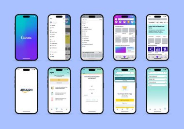 Canva ve Amazon arayüzü uydu. Sosyal medya ağ arayüzü şablonu. Amazon ve Canva sosyal medya paylaşımı. Makaranın maketi. Canva, Amazon arayüzü.