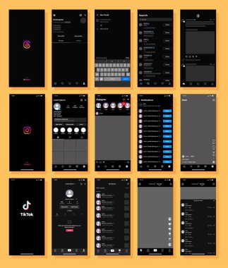 Instagram, TikTok, Konular - sosyal medya. Sosyal ağ ekran modeli. Kullanıcı arayüzü. Ekran arayüzü. Mobil uygulama düzeni. Sosyal medya seti. Instagram, TikTok, Tartışmalar - Arayüz.