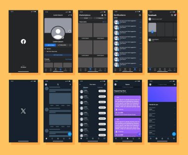 Facebook ve Twitter X seti. Sosyal medya. Sosyal ağ arayüz şablonu. Facebook, Twitter X mobil uygulama arayüzü şablon modeli. Facebook, X logosu. Mobil uygulama. Sosyal medyayı ayarla