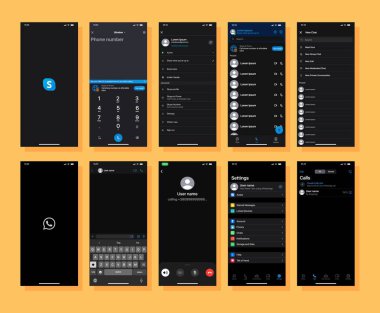Skype, Viber, sosyal medya. Skype ve Viber ekran sosyal medya ve ağ arayüz şablonunu ayarla. Sosyal ağlar arayüzü şablon uygulama ekranı. Skype, Viber video çağrıları.