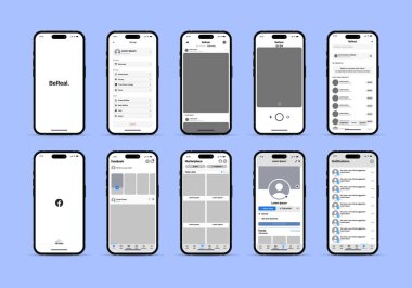 BeReal ve Facebook arayüzü ayarlandı. Facebook, BeReal postası, hikaye, makara karesi. Ekran sosyal medya, sosyal ağ arayüzü şablonu. Sosyal ağ arayüzü şablon uygulama ekranı