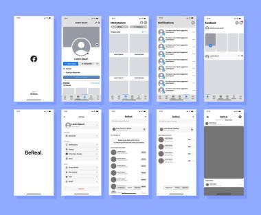 BeReal ve Facebook arayüzü ayarlandı. Ekran sosyal medya, sosyal ağ arayüzü şablonu. Facebook, BeReal postası, hikaye, makara karesi. Sosyal ağ arayüzü şablon uygulama ekranı