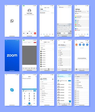 Skype, Viber, Zoom hazır. Sosyal ağlar arayüzü şablon uygulama ekranı. Skype, Zoom, Viber video görüşmeleri. Skype ekran sosyal medya ve ağ arayüzü şablonunu ayarla