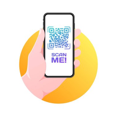 QR kod simgesini tara. Düz, renkli, telefon elinde, QR kodunu tara, beni tara, telefon ekranı. Vektör simgesi