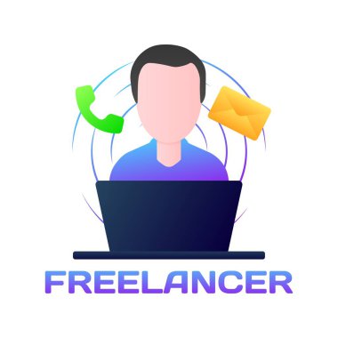 Serbest çalışan işareti. Düz, renkli, serbest çalışan ikonu, iş araması, dizüstü bilgisayardaki adam, serbest çalışan işareti. Vektör simgesi