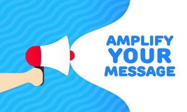 Mesaj işaretini güçlendir. Düz, mavi, megafon mesajı, mesajınızı yükseltin, megafon simgesini yükseltin, mesaj simgenizi yükseltin. Vektör simgesi