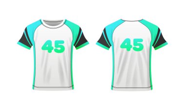 Futbol tişörtü düzeni. Düz, renkli, tişört modeli, 45 numaralı spor tişörtü modeli. Vektör simgeleri