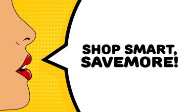 Akıllı alışveriş yap, aferin. Düz, renkli, konuşan dudaklar, akıllı alışveriş, savemore işareti. Vektör simgesi