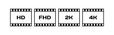 İzin simgeleri. Siyah, HD, FHD, 2K, 4K çözünürlük simgeleri. Vektör simgeleri