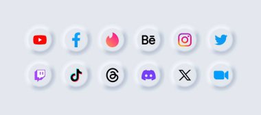 Popüler sosyal medya ikonları. YouTube, Facebook, Tinder, Behance, Instagram, Twitter X, Twitch, Tik Tok, Threads, Discord, Zoom sosyal medya koleksiyonu. Editoryal izole sosyal ağ. Vektör simgeleri