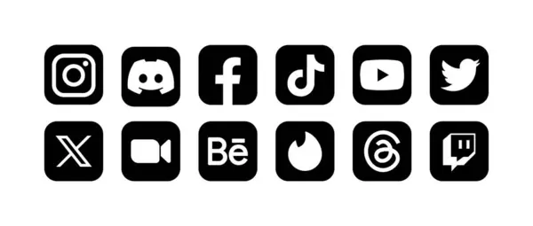 Sosyal medya logosu simgeleri. Instagram, Discord, Facebook, Tik Tok, YouTube, Twitter X, Zoom, Behance, Tinder, Threads, Twitch siyah simgeleri seti. Editoryal izole sosyal ağ logoları. Vektör simgeleri
