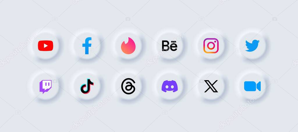 Popular social media icons. YouTube, Facebook, Tinder, Behance, Instagram, Twitter X, Twitch, Tik Tok, Threads, Discord, Zoom social media collection. Editorial isolated social network. Vector icons