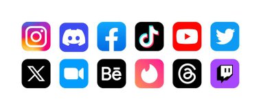 Sosyal medya logosu simgeleri. Instagram, Discord, Facebook, Tik Tok, YouTube, Twitter X, Zoom, Behance, Tinder, Threads, Twitch sosyal medya simgeleri seti. Editoryal izole sosyal ağ logoları. Vektör simgeleri