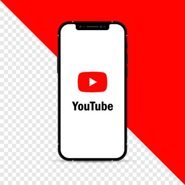 YouTube sosyal medya logosu. iPhone ekran modeli. YouTube sosyal medya simgesi. Editoryal iPhone ekran şablonu. Sosyal medya YouTube logosu. İzole edilmiş iPhone ekran düzeni. Vektör illüstrasyonu