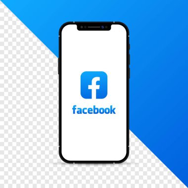 Facebook sosyal medya logosu. Sosyal medya Facebook logosu. İzole edilmiş iPhone ekran düzeni. iPhone ekran modeli. Facebook sosyal medya ikonu. Editoryal iPhone ekran şablonu. Vektör illüstrasyonu