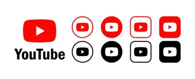 YouTube sosyal medya logo simgeleri. Editoryal sosyal medya YouTube logoları koleksiyonu. İzole edilmiş sosyal ağ YouTube logo simgeleri. Vektör simgeleri