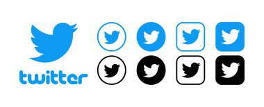 Twitter sosyal medya logo simgeleri. İzole edilmiş sosyal ağ Twitter logo simgeleri. Editoryal sosyal medya Twitter logoları koleksiyonu. Vektör simgeleri