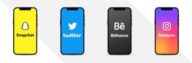 Sosyal medya logoları. iPhone ekran modelleri. SnapChat, Twitter X, Behance, Instagram sosyal medya seti. Sosyal medya logoları. İzole edilmiş iPhone ekran düzeni. Editoryal iPhone ekran şablonu. Vektör simgeleri