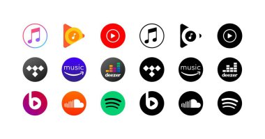 Müzik hizmetleri logoları. Popüler müzik hizmetleri koleksiyonu. Editör logoları simgeleri. İzole müzik seti. Vektör simgeleri