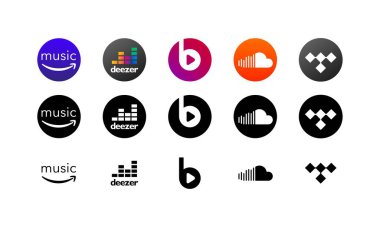Müzik hizmetleri logoları. Amazon, Deezer, Beats Electronics, SoundCloud, Tidal Music Service editör logoları. İzole müzik servisi ışığı. Vektör simgeleri