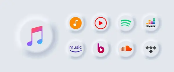 Müzik hizmetleri logoları. iTunes, Music Player, YouTube, Spotify, Deezer, Amazon, Beats Electronics, SoundCloud, Tidal Music Service editör logoları. İzole müzik hizmetleri. Vektör simgeleri
