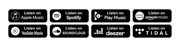 Popüler servis simgelerini dinleyin. Apple Music, Spotify, Play, Amazon, YouTube, SoundCloud, Deezer, gelgit düğmelerini dinleyin. Yayın siyahi popüler müzik servisleri. Düğmeleri dinle. Vektör simgeleri