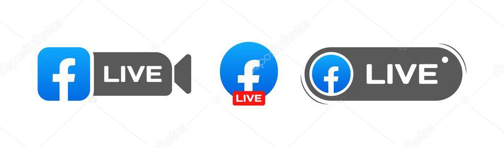Facebook social media live icons. Live camera icons. Editorial social network Facebook logos. Isolated Facebook live camera button. Vector icons