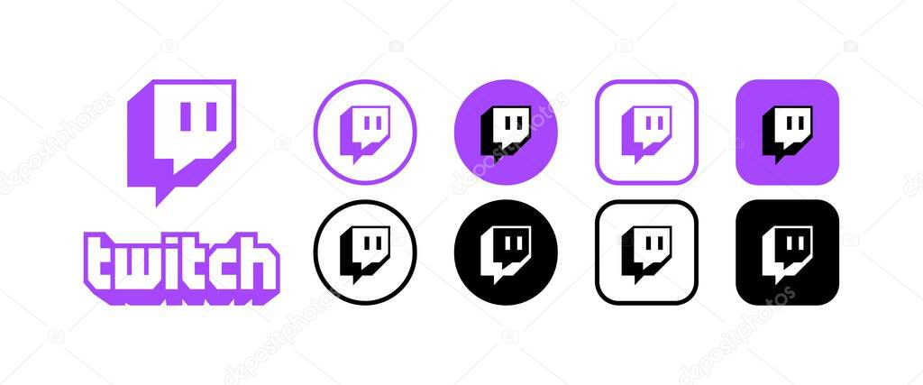 Twitch social media logo icons. Isolated set of social network Twitch logo icons. Editorial social media Twitch. Logos collection. Vector icons