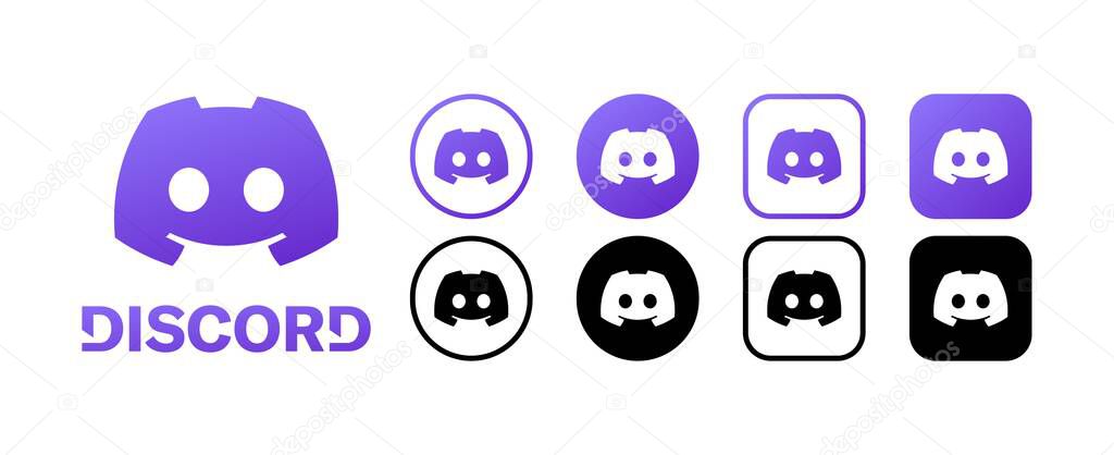 Discord social media logo icons. Editorial social media Discord logos collection. Isolated set of social network Discord logo icons. Vector icons