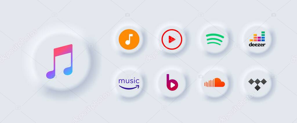 Music services logos icons. iTunes, Music Player, YouTube, Spotify, Deezer, Amazon, Beats Electronics, SoundCloud, Tidal Music services editorial logos icons. Isolated music services. Vector icons