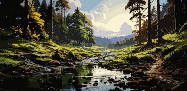 güneş ışığı, illüstrasyon ile güzel orman manzara resim