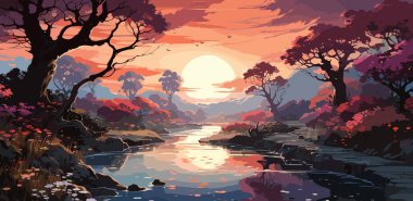 ağaçlar ve çiçeklerle bahar günbatımı, illüstrasyon resmime renkli ormanın güzel sahne