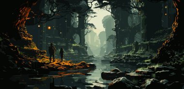 woman walks on a branch on a stream and looks at the monoliths in the forest, digital art style, illustration painting