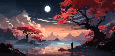 bir ağaca yüzen gökten, dijital sanat tarzı, resim illüstrasyon parlayan yapraklarla fotoğrafta seyahat adam