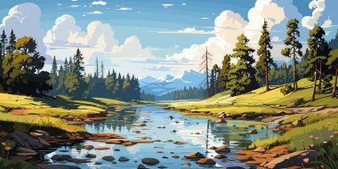 Vector landscape with a river among the forest vector clipart