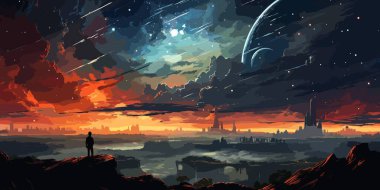 Meteoru renkli gökyüzünde gören bir çocuğun gece manzarası, dijital sanat tarzı, desenli çizimler.