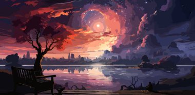 renkli bulutlar gökyüzü, dijital sanat tarzı, resim illüstrasyon bakarak bir ahşap iskele üzerinde tek başına duran kadının güzel sahne