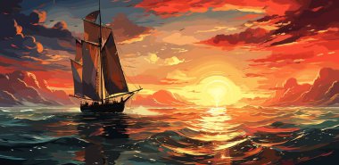akşam güneş ışığı, dijital sanat tarzı, resim illüstrasyon ile denizde Yelkenli